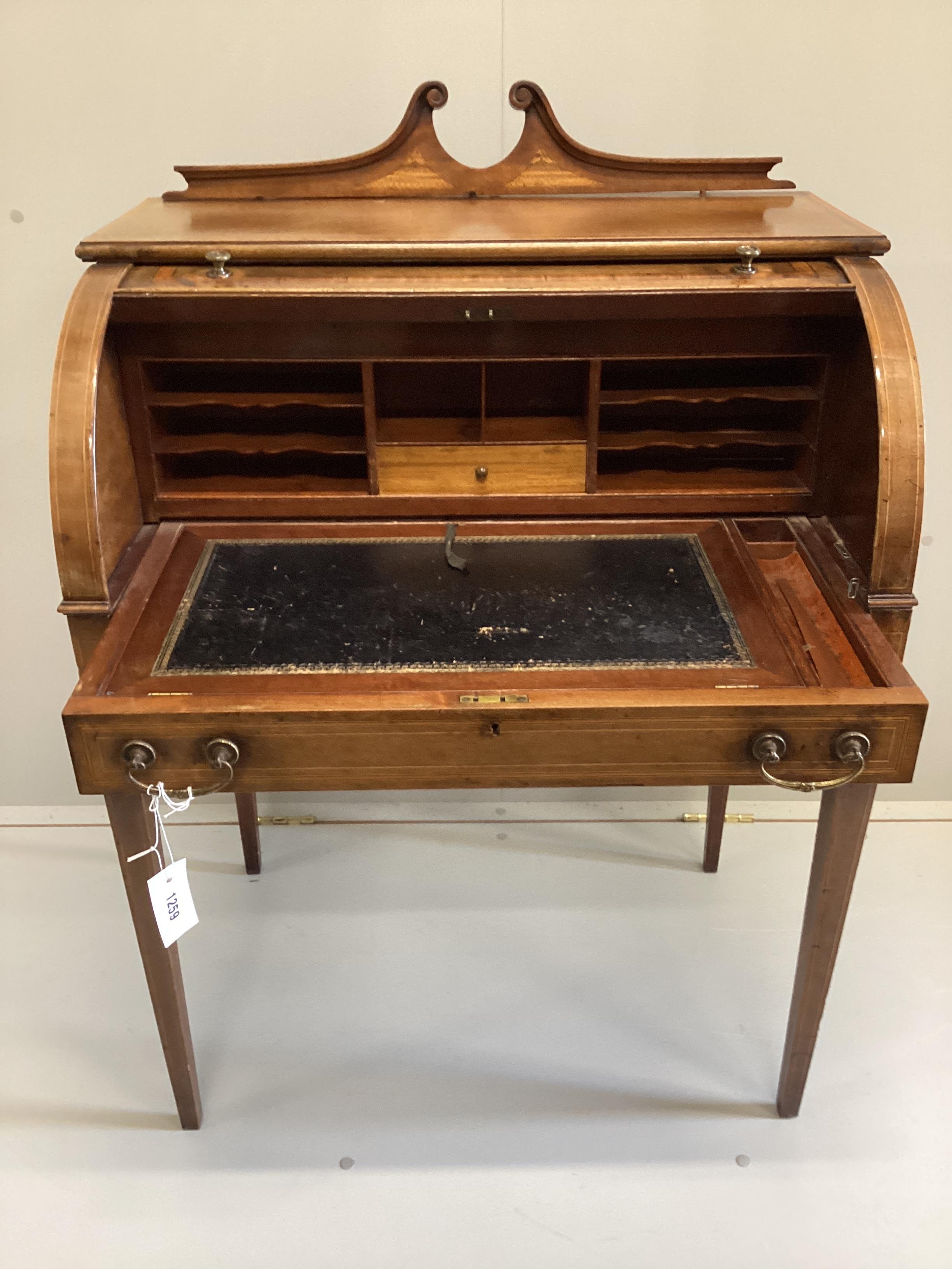 A small Edwardian satinwood banded mahogany cylinder bureau, width 73cm, depth 49cm, height 94cm